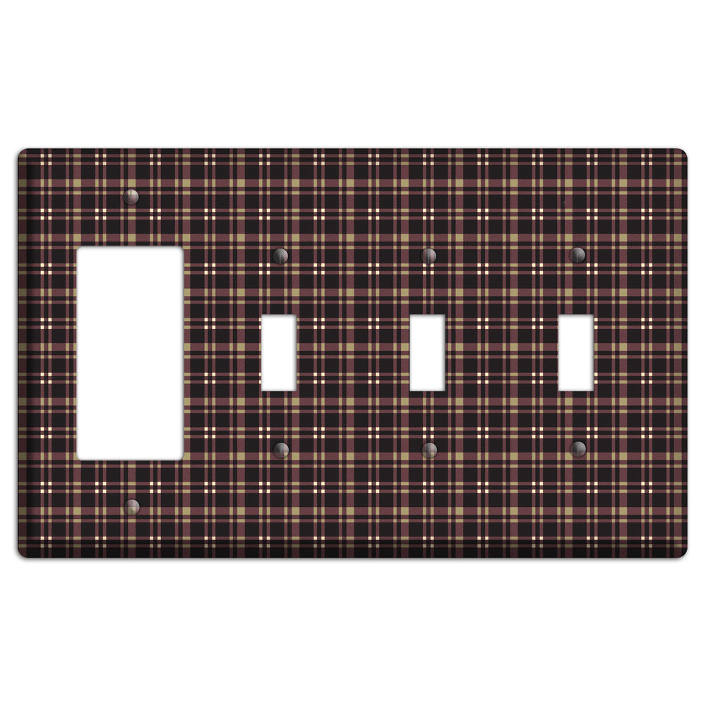 Dark Brown Plaid Rocker / 3 Toggle Wallplate