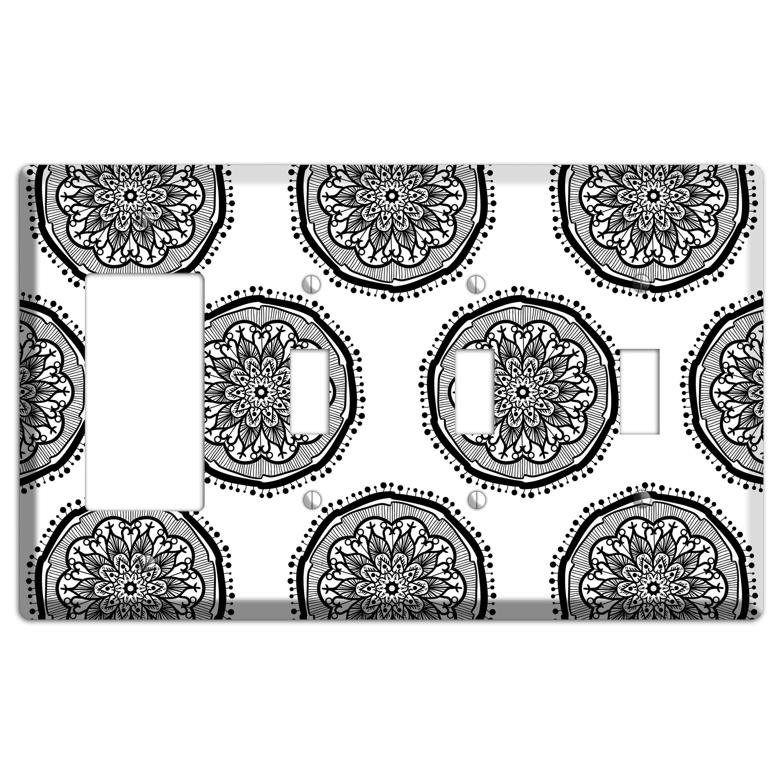 Mandala Black and White Style R Cover Plates Rocker / 3 Toggle Wallplate