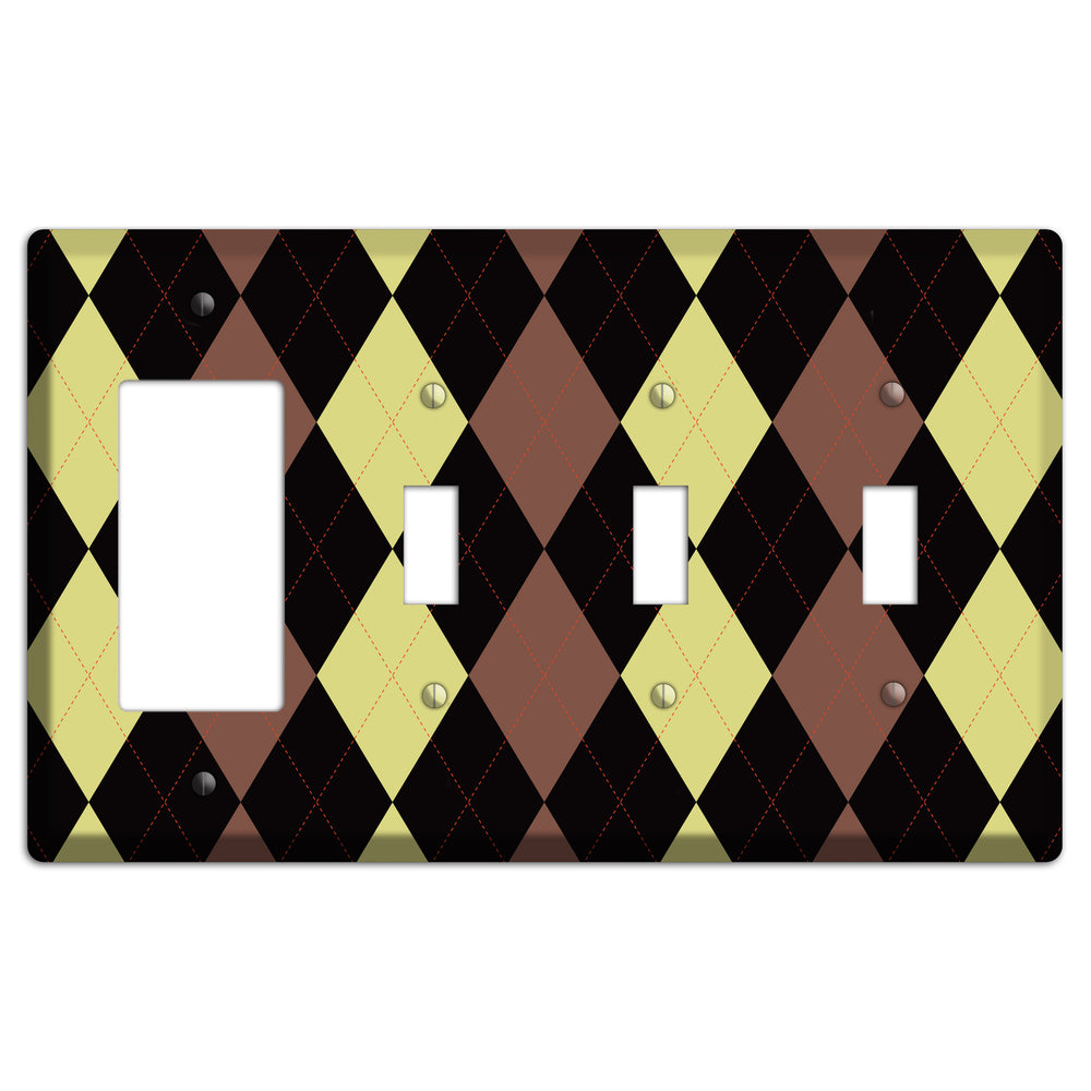 Yellow and Brown Argyle Rocker / 3 Toggle Wallplate