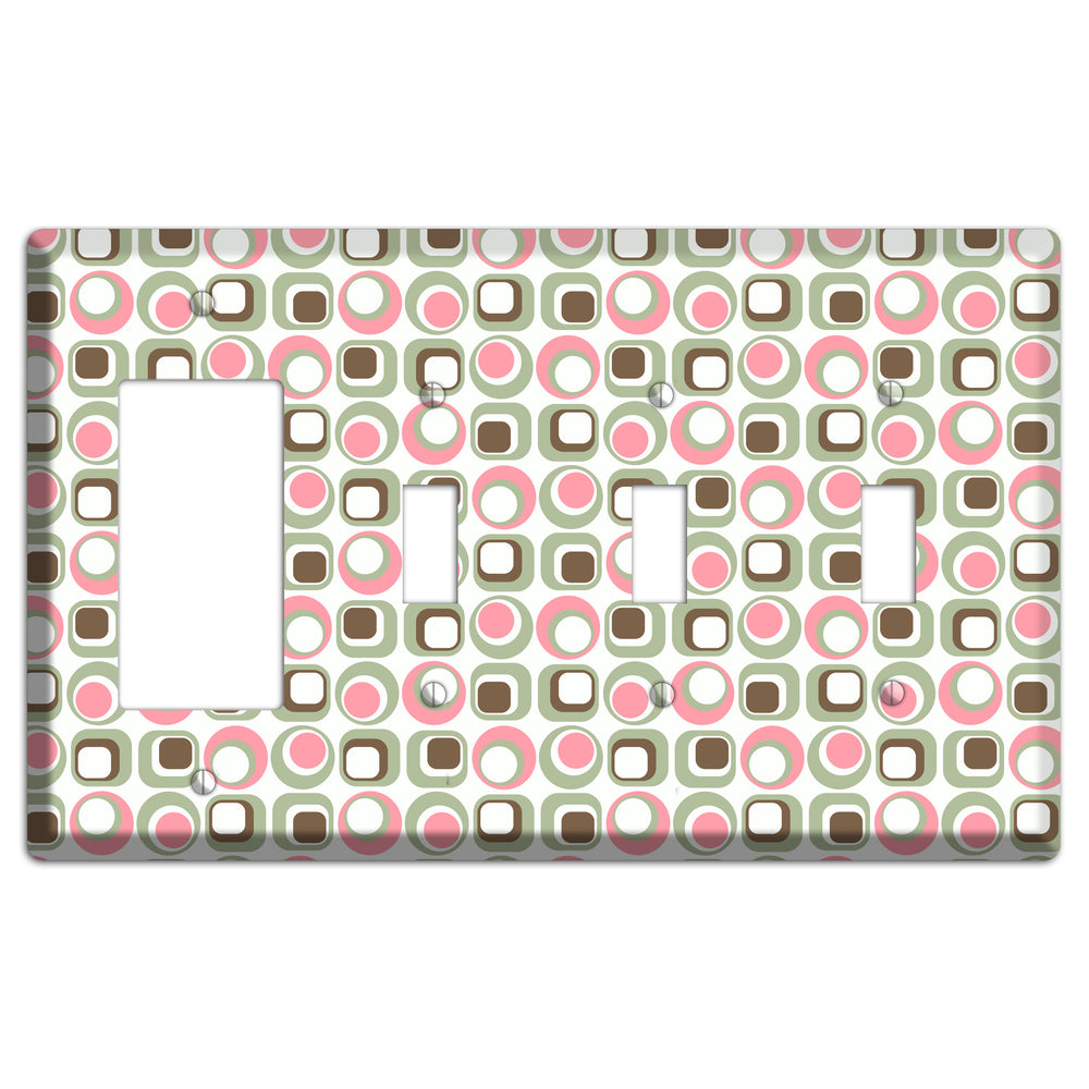 White with Pink Sage Brown Retro Squares and Circles Rocker / 3 Toggle Wallplate