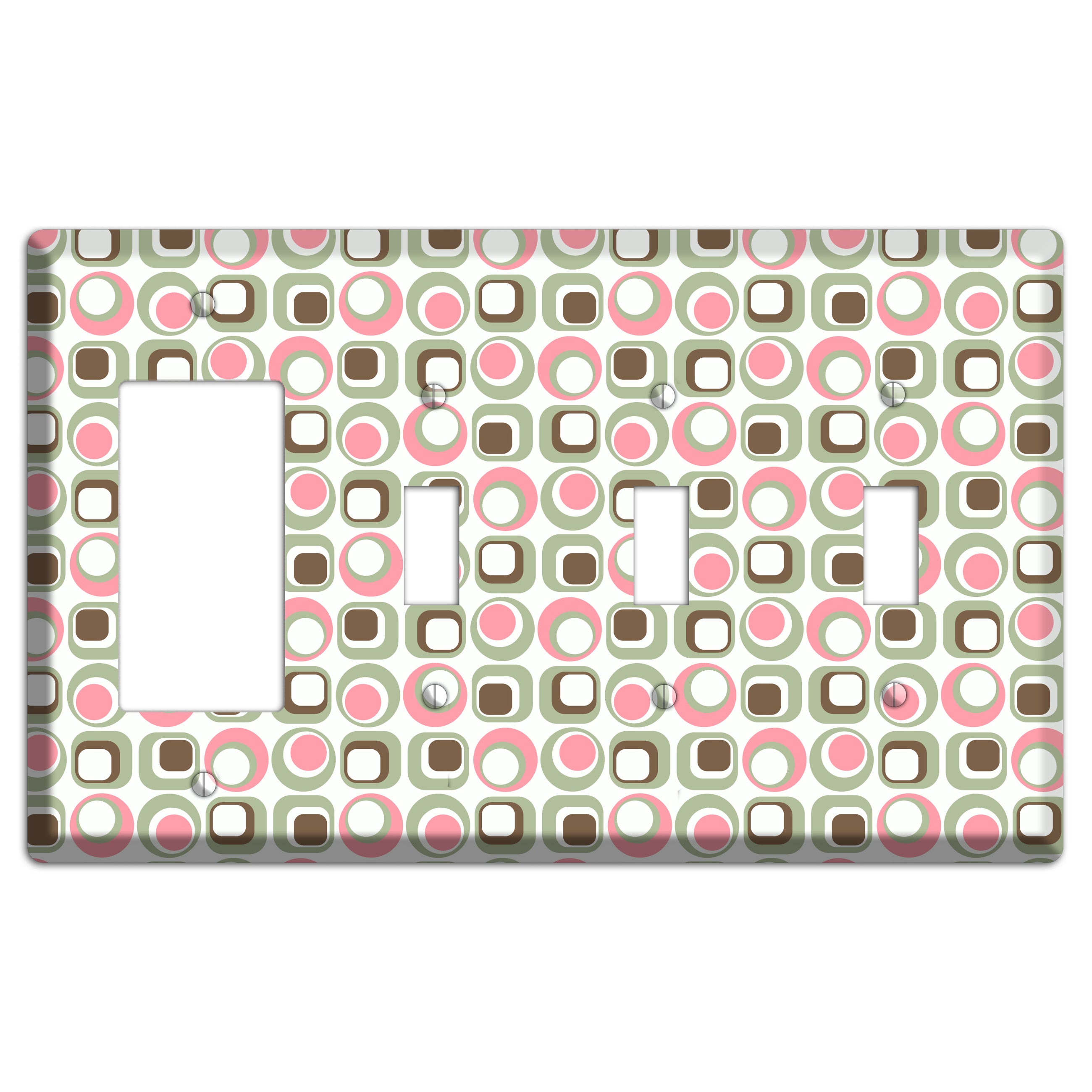 White with Pink Sage Brown Retro Squares and Circles Rocker / 3 Toggle Wallplate