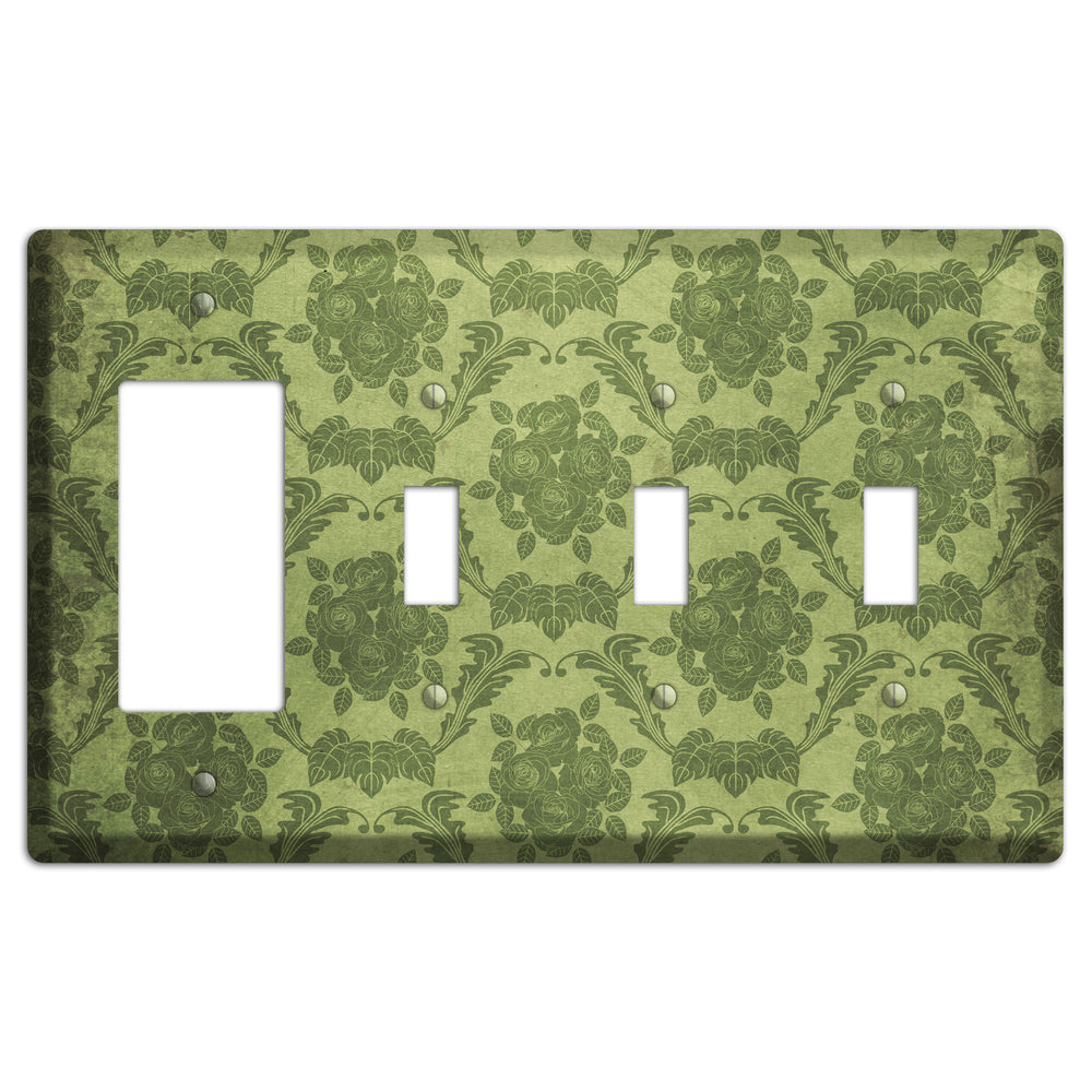 Green Smoke Vintage Rose Damask Rocker / 3 Toggle Wallplate