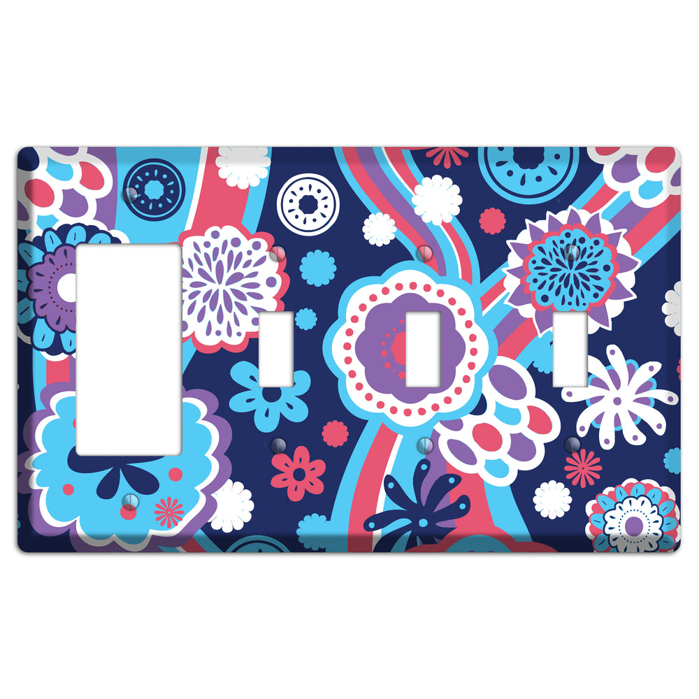 Blue Purple and Pink Retro Suzani Rocker / 3 Toggle Wallplate