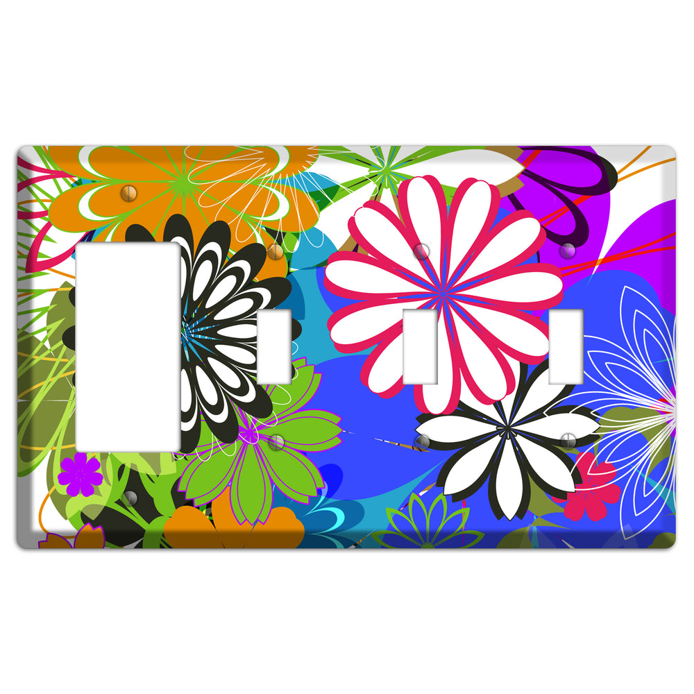 Multi Retro Flowers Rocker / 3 Toggle Wallplate