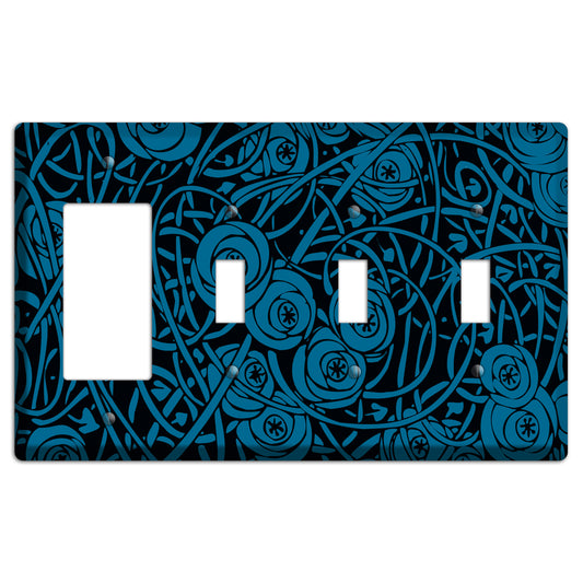 Black and Blue Deco Floral Rocker / 3 Toggle Wallplate