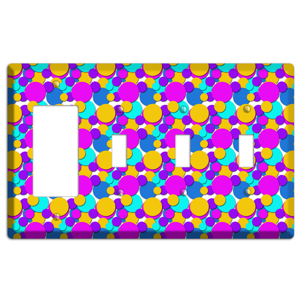Orange Turquoise Fuschia Blue Bubble Dots Rocker / 3 Toggle Wallplate