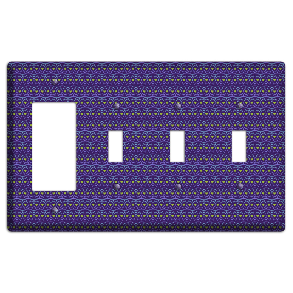 Purple Blue and Green Geometric Hearts Rocker / 3 Toggle Wallplate