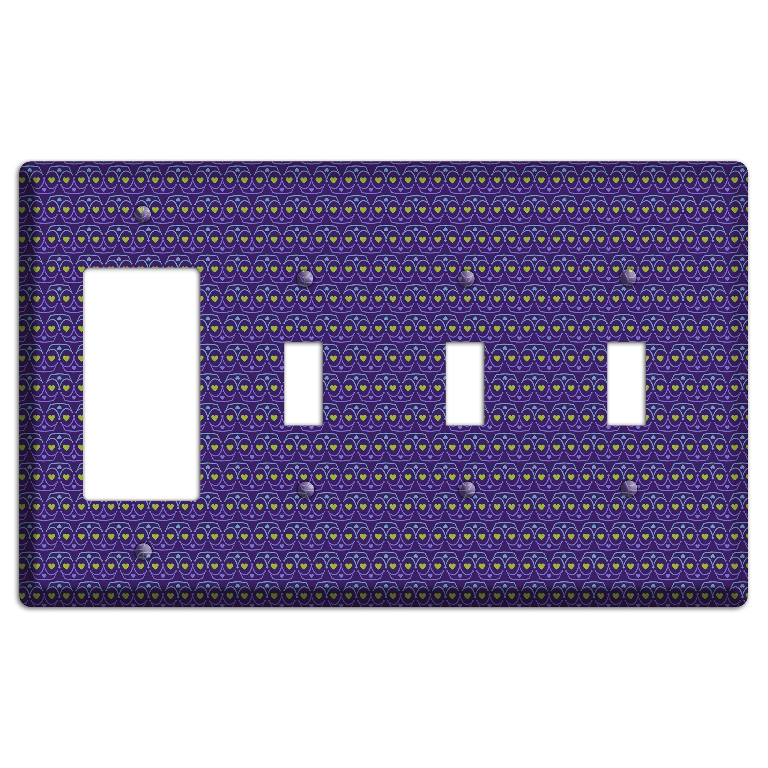 Purple Blue and Green Geometric Hearts Rocker / 3 Toggle Wallplate