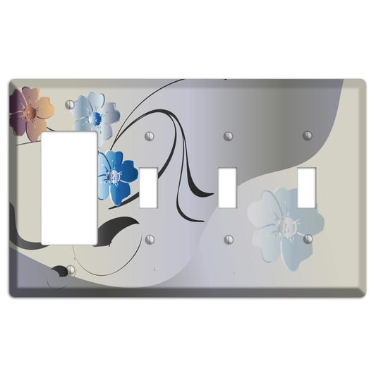 Grey and Blue Floral Sprig Rocker / 3 Toggle Wallplate
