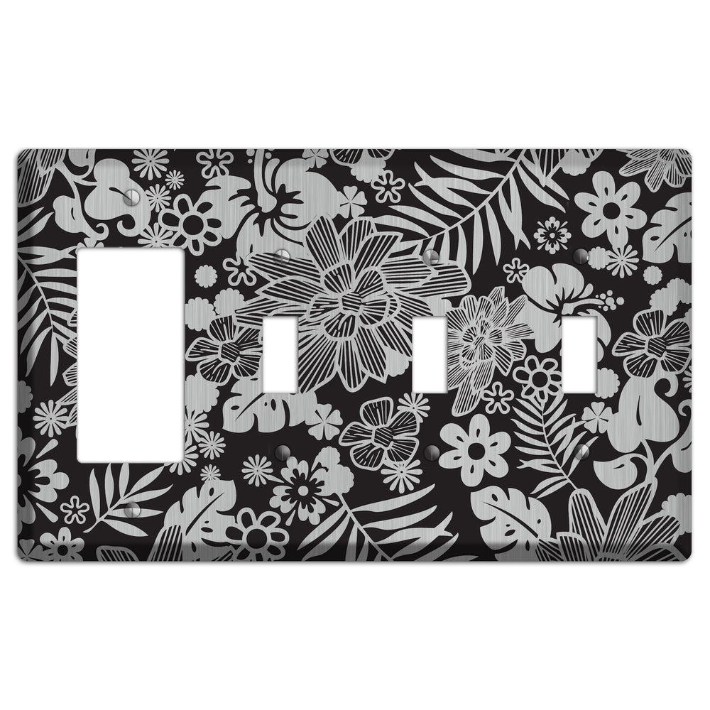 Black with Stainless Steel Tropical Rocker / 3 Toggle Wallplate