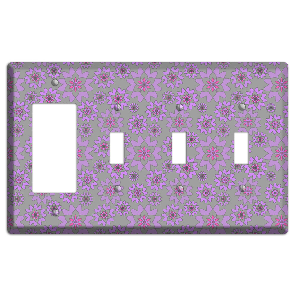 Grey with Purple Retro Suzani Rocker / 3 Toggle Wallplate