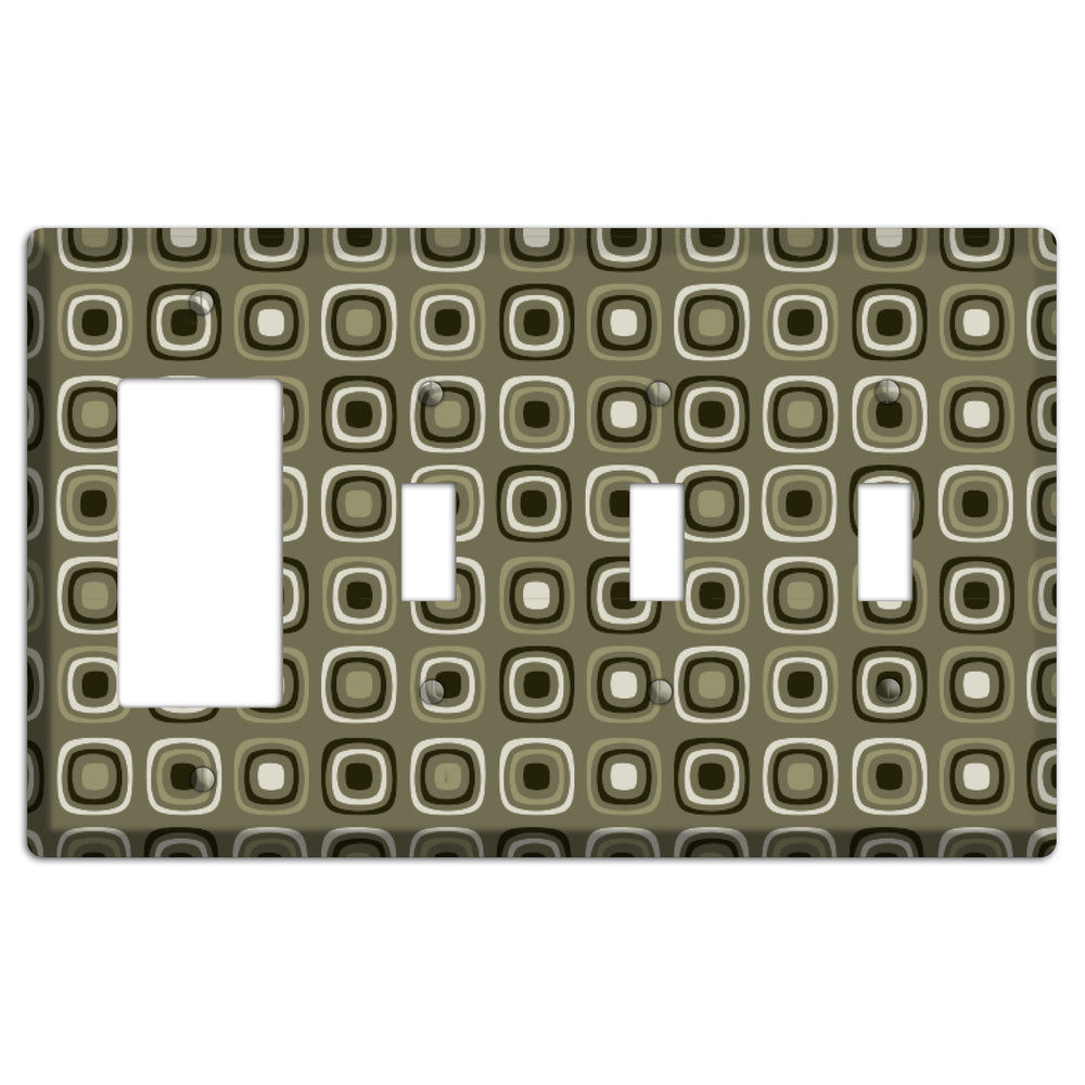 Multi Olive and Brown Retro Squares Rocker / 3 Toggle Wallplate
