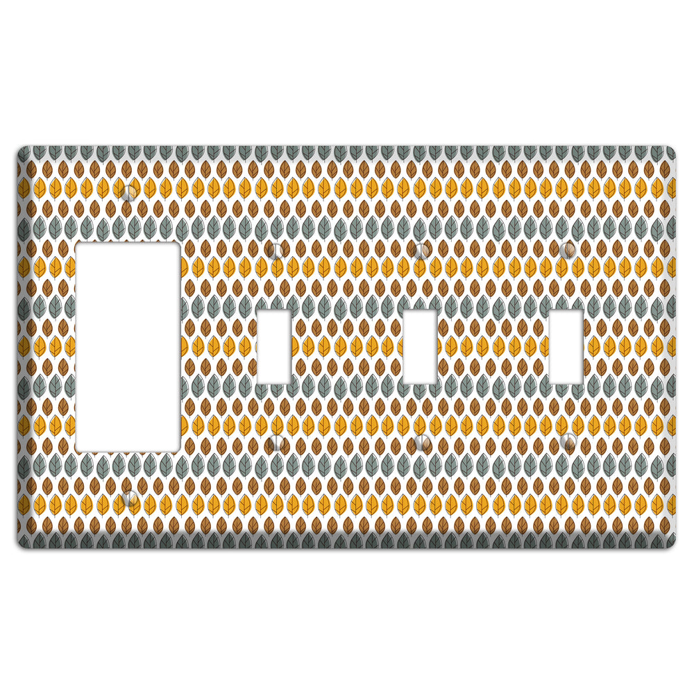 Grey Umber Mustard Dusty Blue Leaf Contour Rocker / 3 Toggle Wallplate