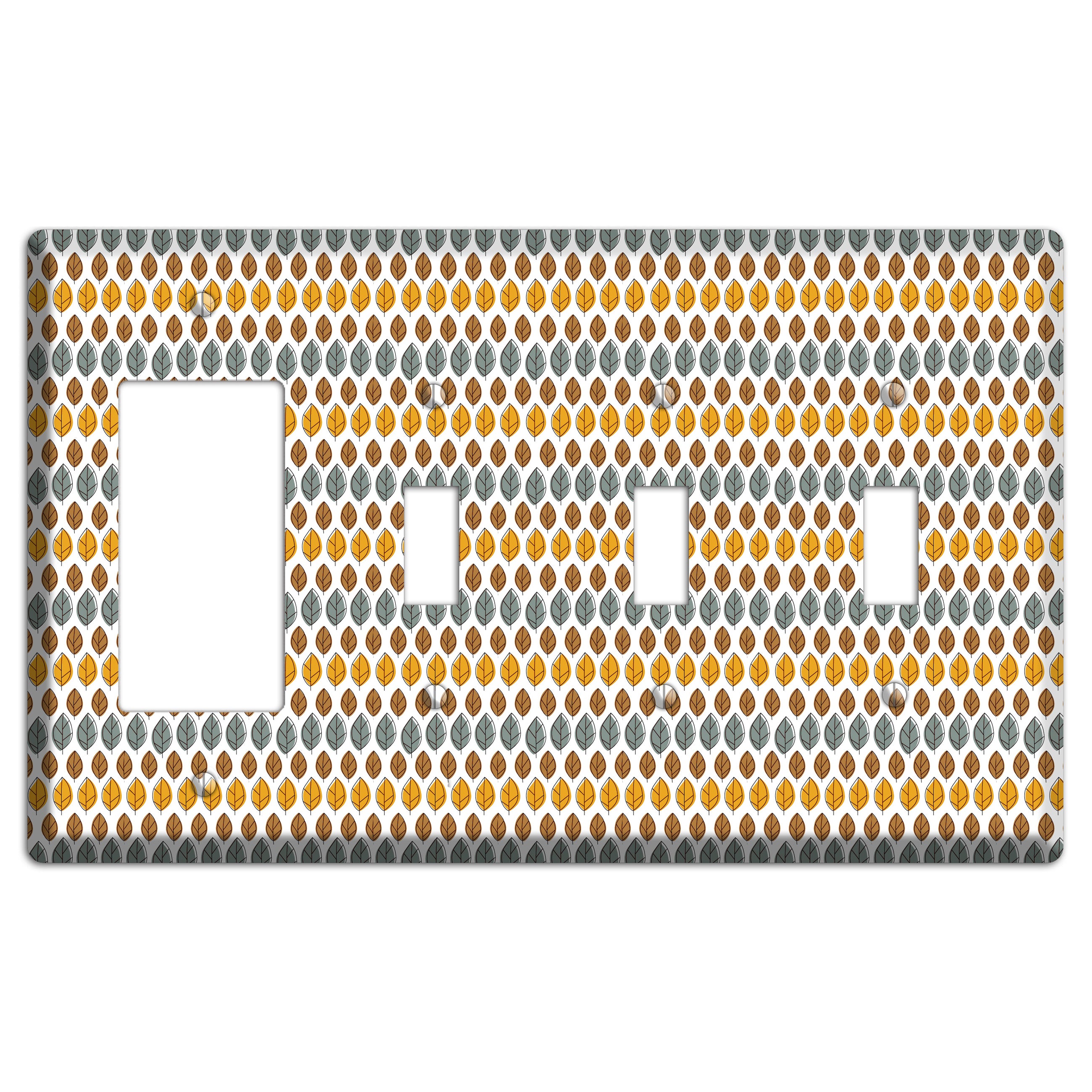Grey Umber Mustard Dusty Blue Leaf Contour Rocker / 3 Toggle Wallplate