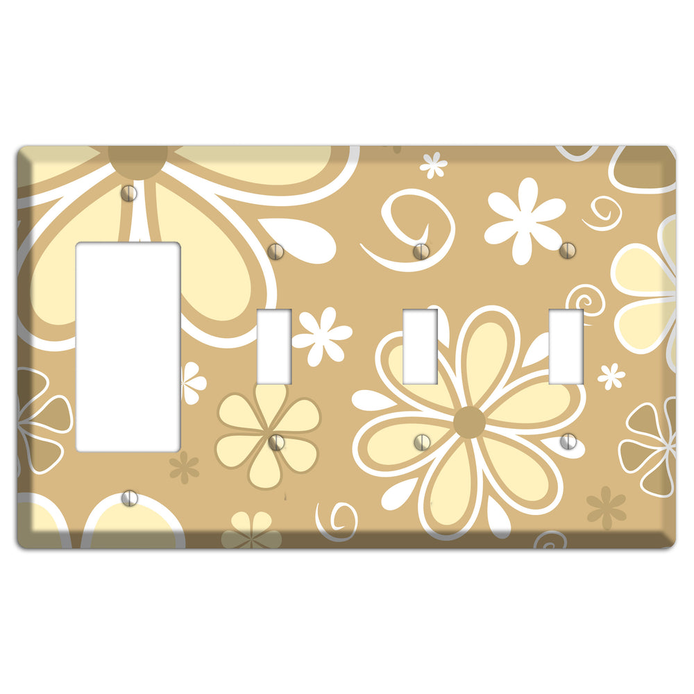 Beige Retro Flowers Rocker / 3 Toggle Wallplate