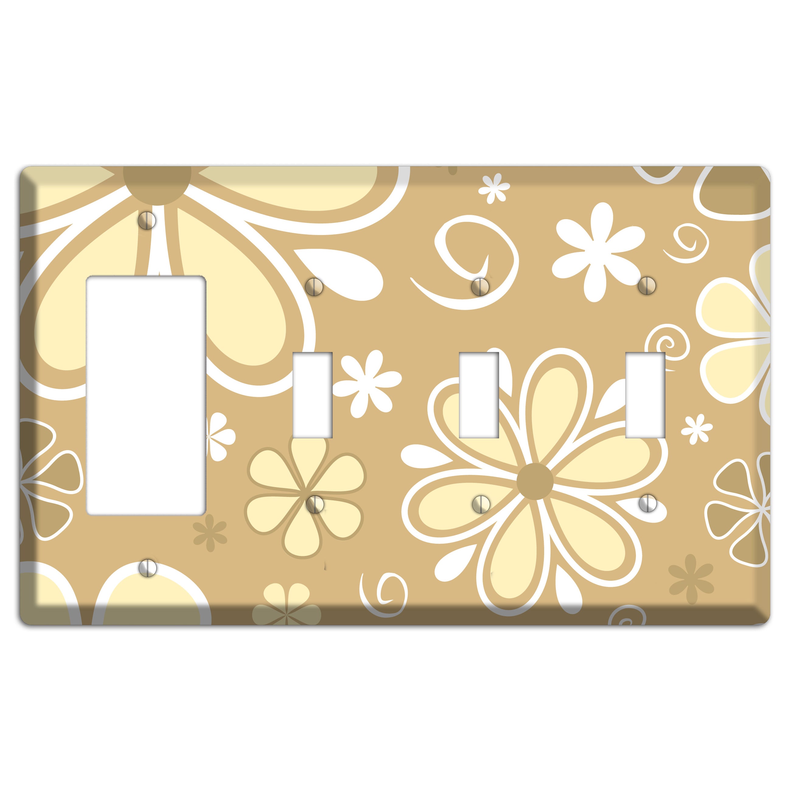Beige Retro Flowers Rocker / 3 Toggle Wallplate