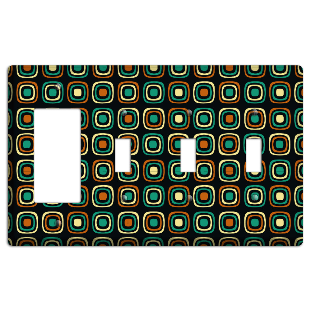 Multi Brown Umber Teal Retro Squares Rocker / 3 Toggle Wallplate