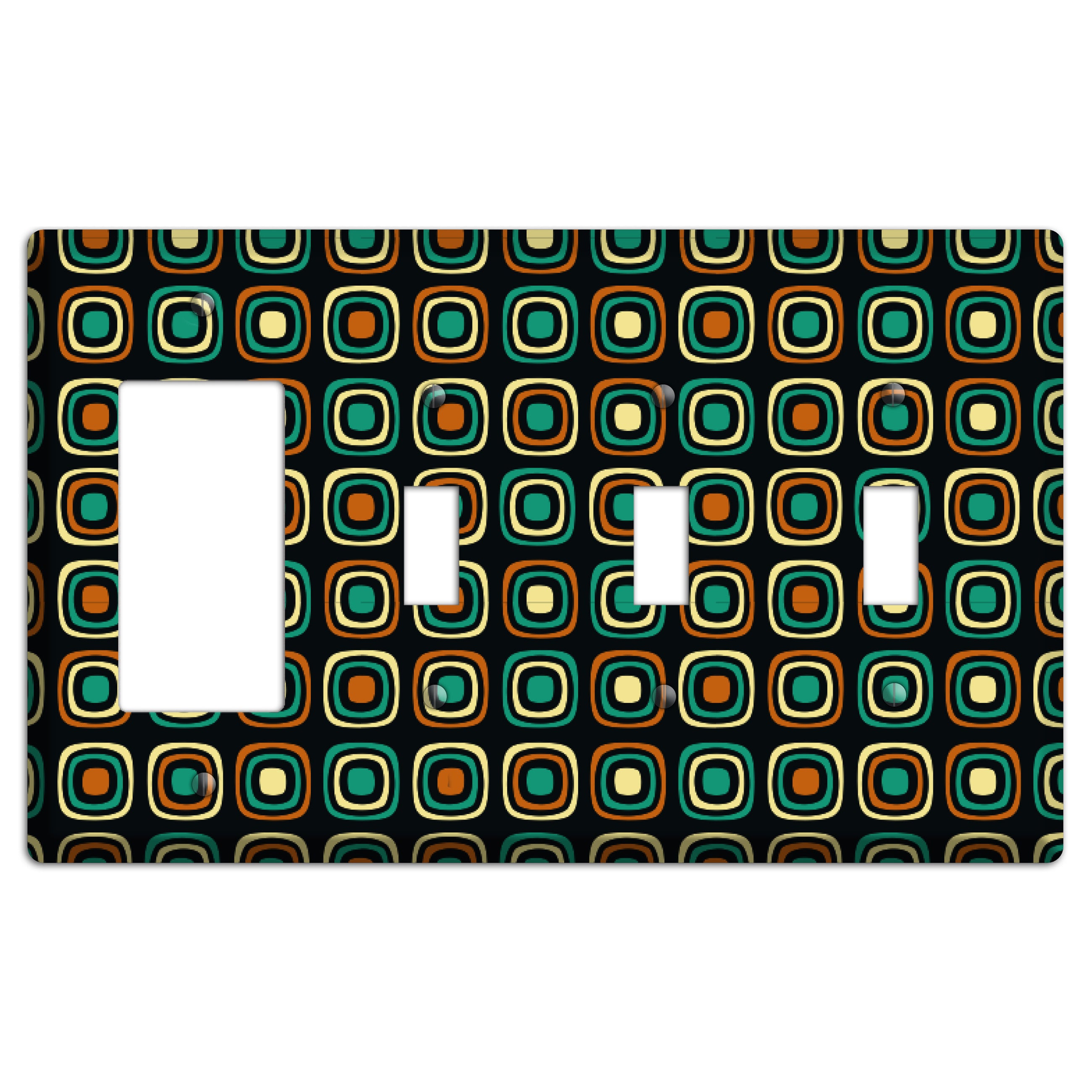 Multi Brown Umber Teal Retro Squares Rocker / 3 Toggle Wallplate