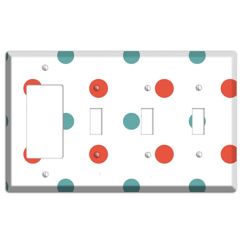 Aqua and Coral Medium Polka Dots Rocker / 3 Toggle Wallplate