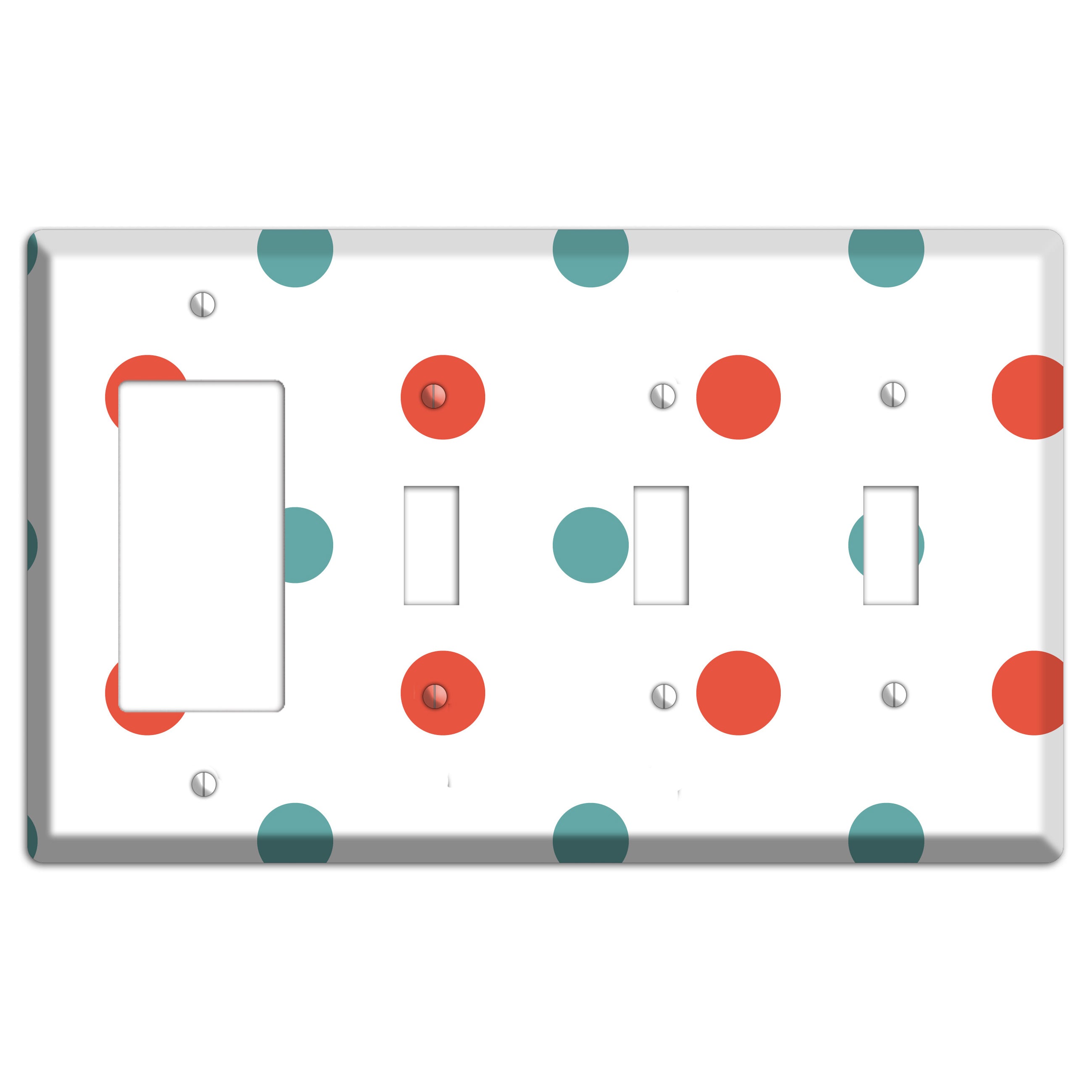 Aqua and Coral Medium Polka Dots Rocker / 3 Toggle Wallplate
