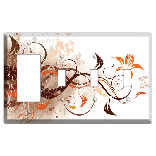 Brown Maroon Orange Swirl and Splatter Rocker / 3 Toggle Wallplate