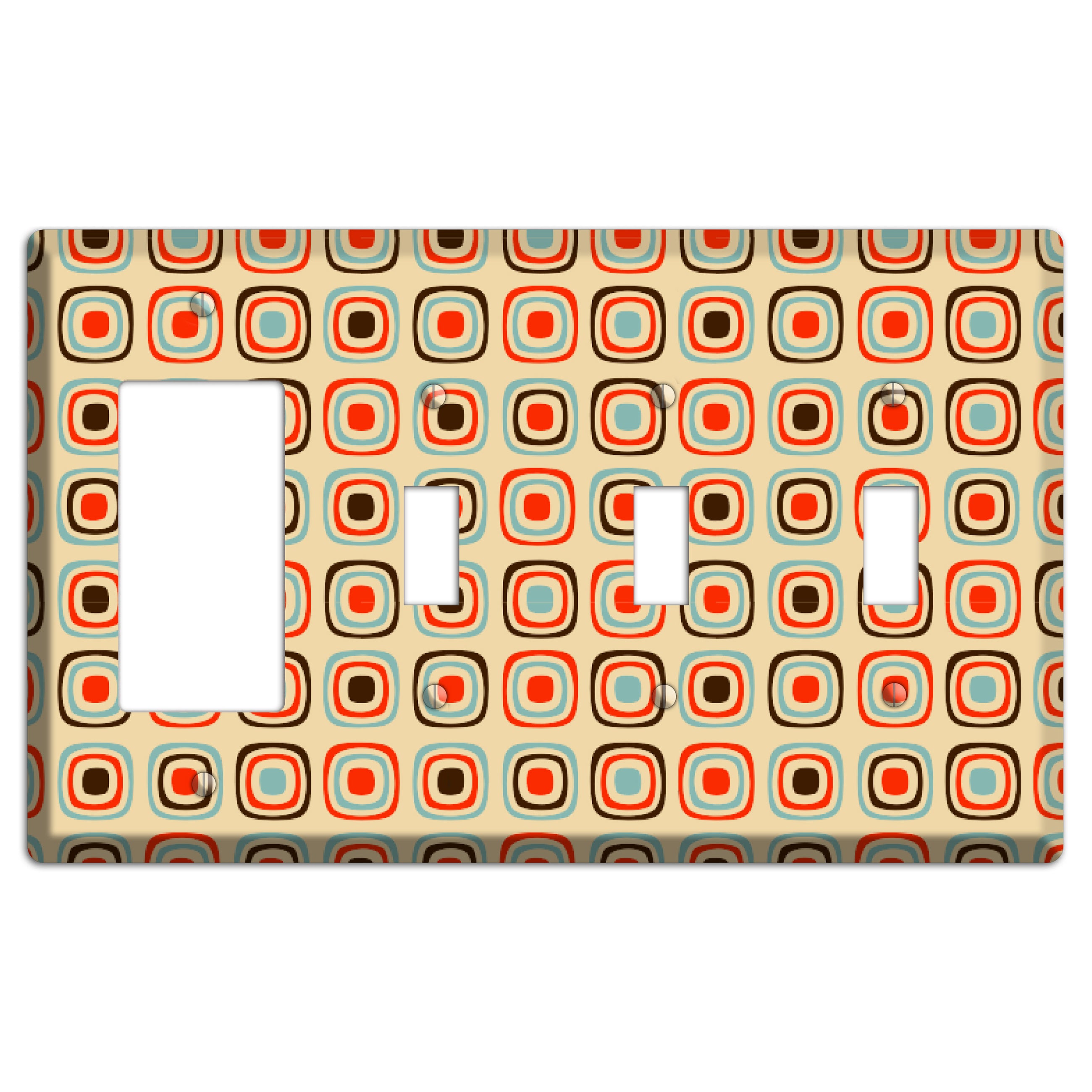 Multi Coral Dusty Blue and Brown Retro Squares Rocker / 3 Toggle Wallplate