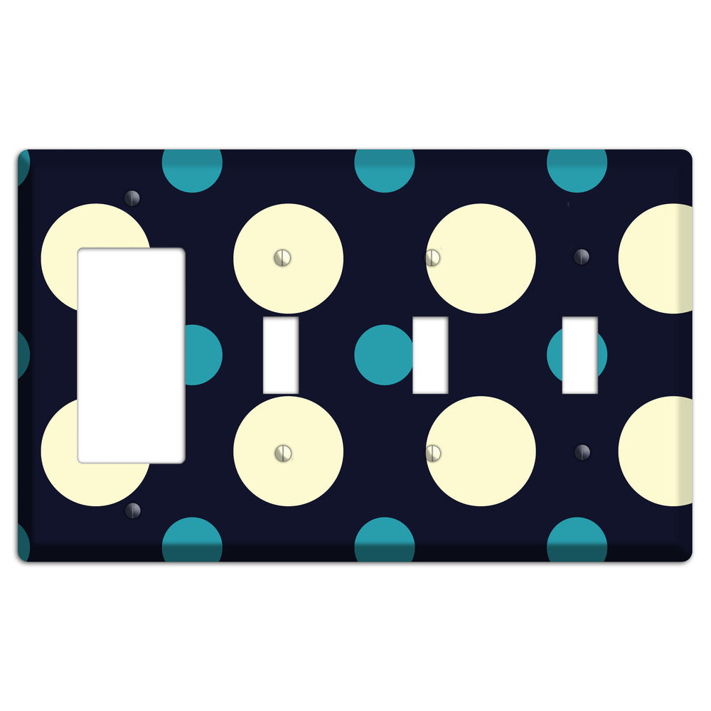 Black with Yellow and Teal Multi Medium Polka Dots Rocker / 3 Toggle Wallplate