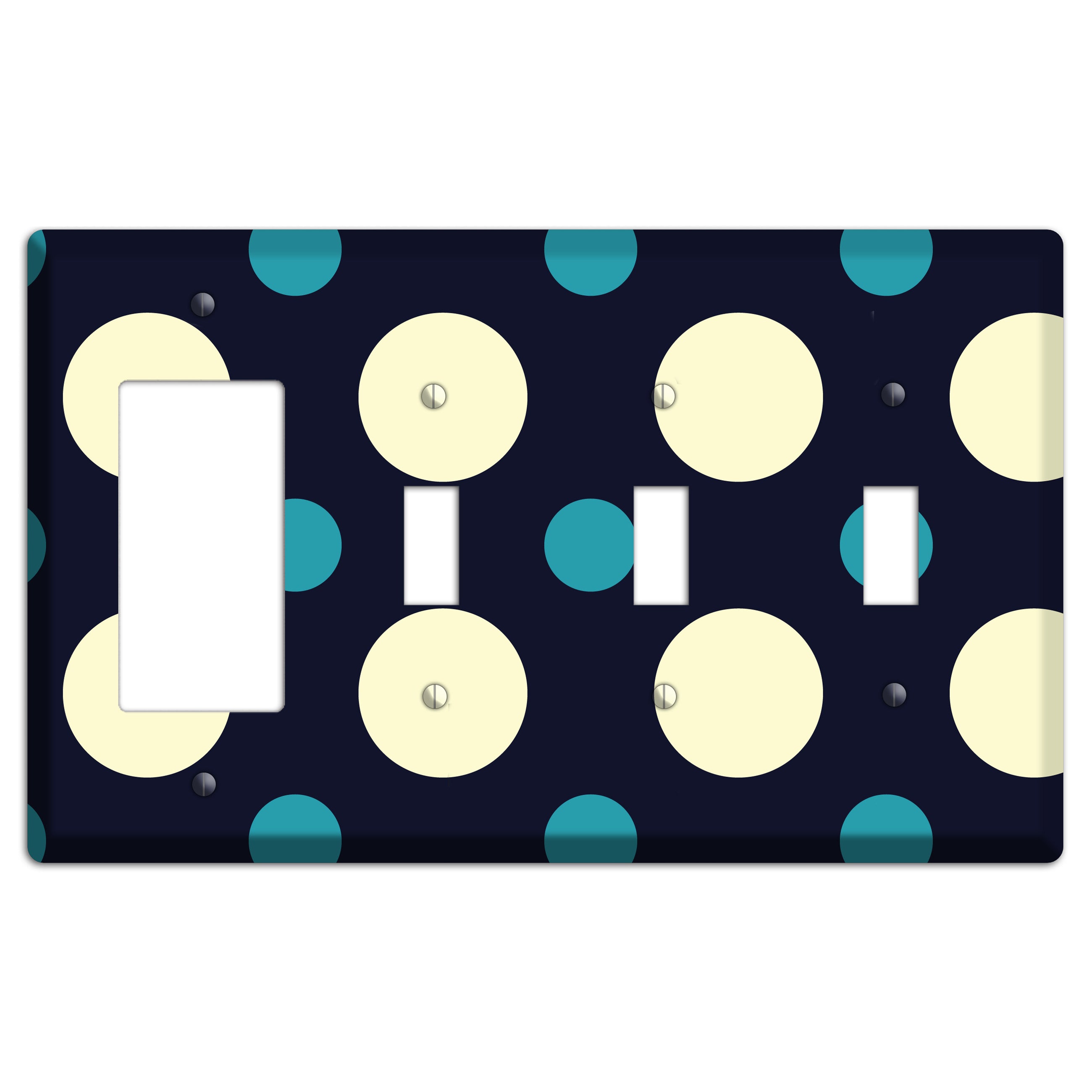 Black with Yellow and Teal Multi Medium Polka Dots Rocker / 3 Toggle Wallplate