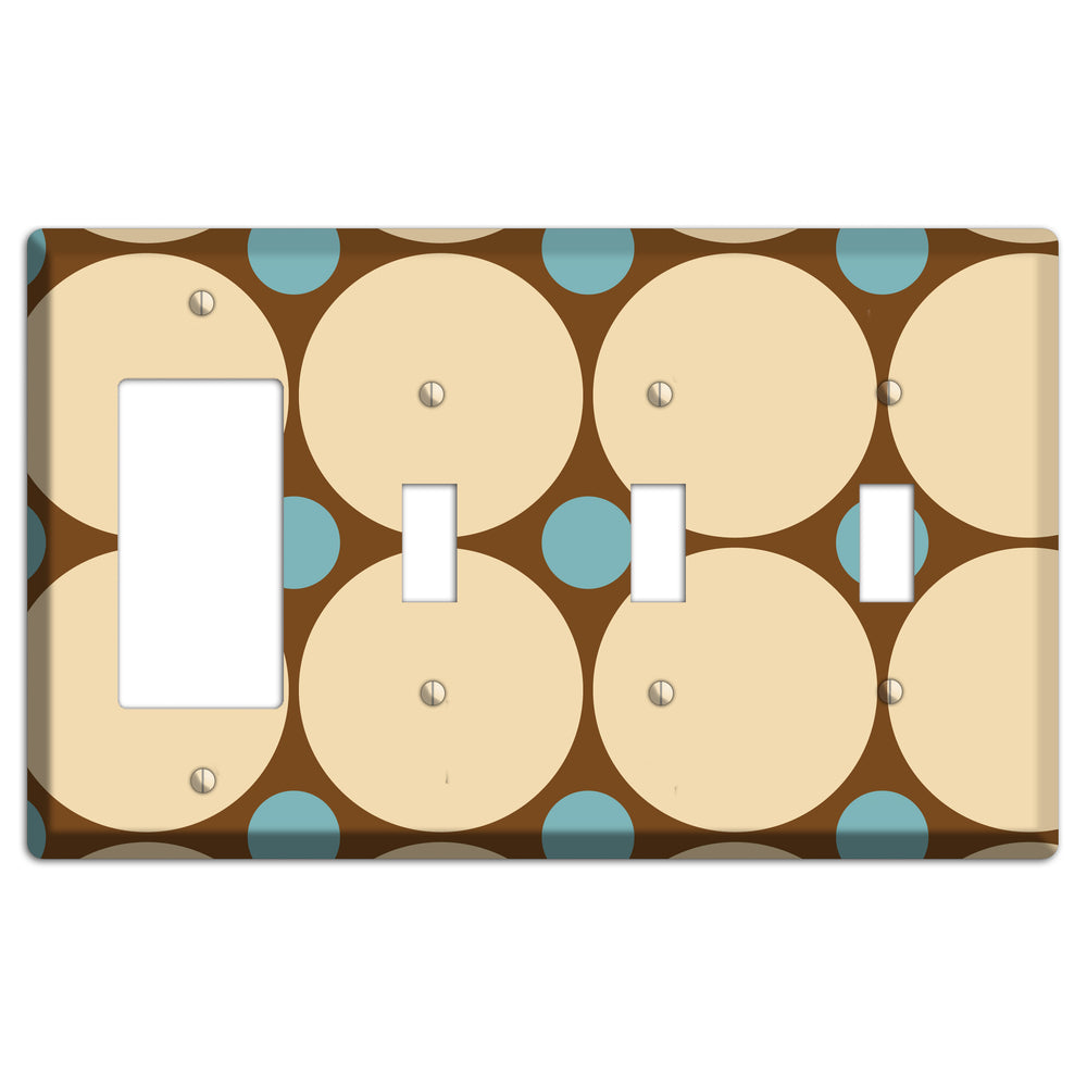 Brown with Beige and Dusty Blue Multi Tiled Large Dots Rocker / 3 Toggle Wallplate