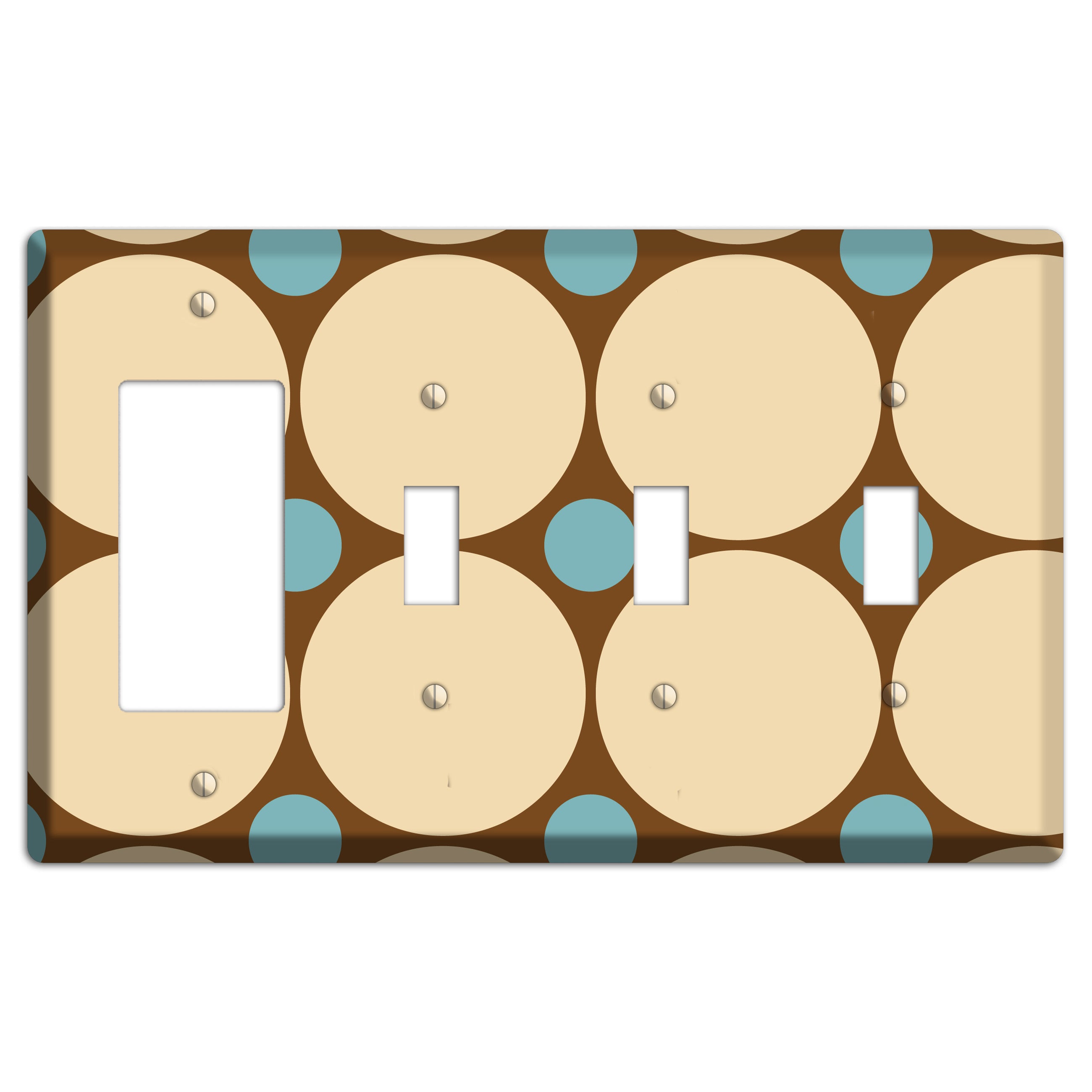 Brown with Beige and Dusty Blue Multi Tiled Large Dots Rocker / 3 Toggle Wallplate