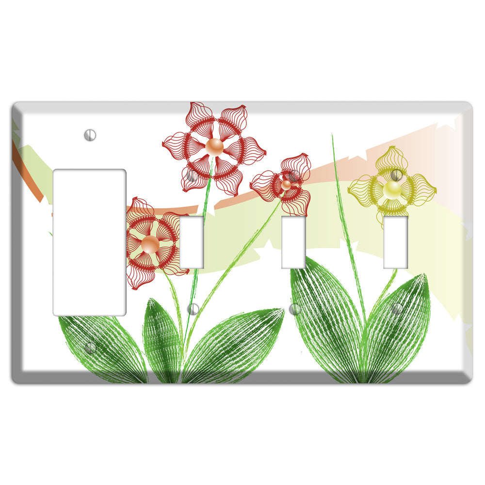 Green Abstract Flowers Rocker / 3 Toggle Wallplate