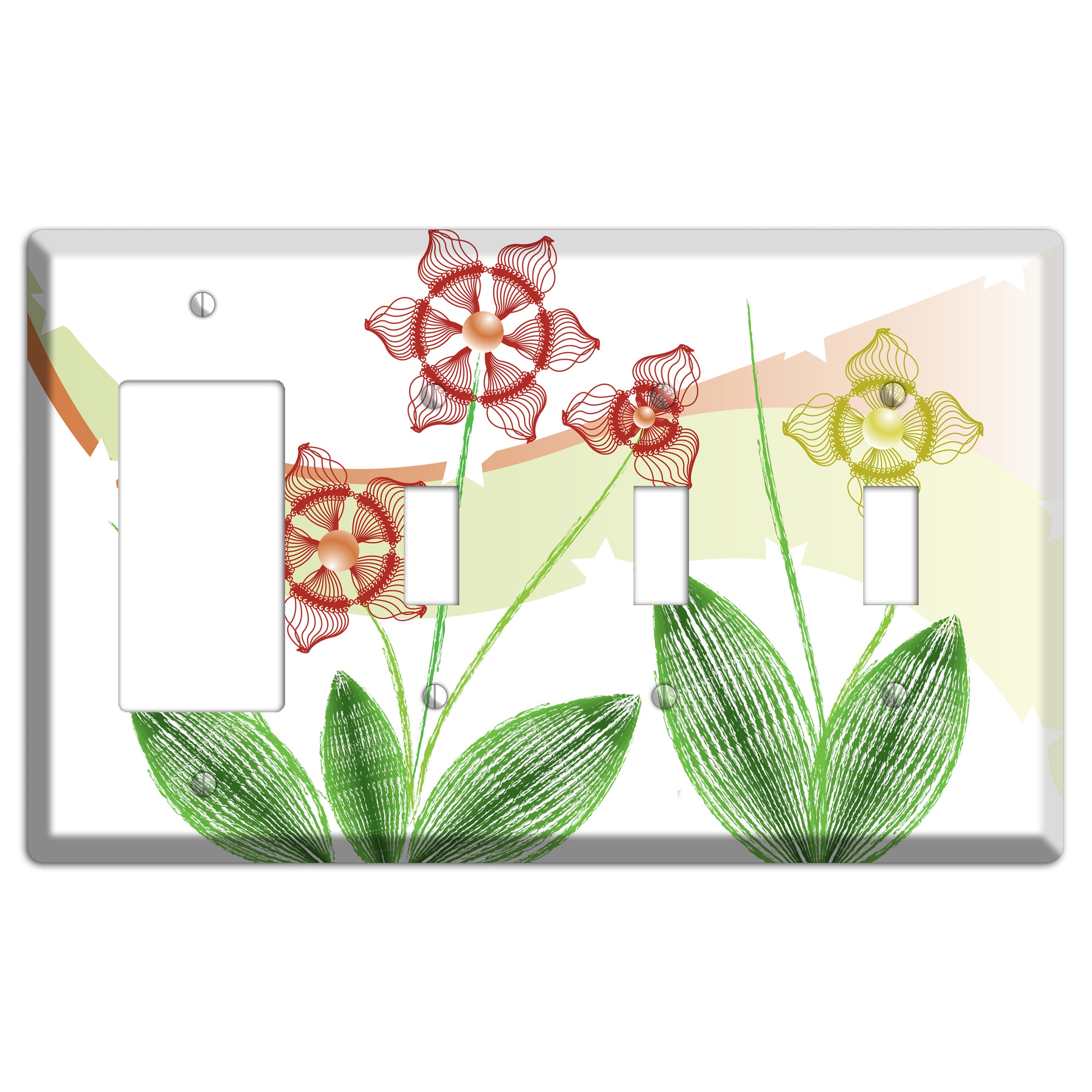 Green Abstract Flowers Rocker / 3 Toggle Wallplate