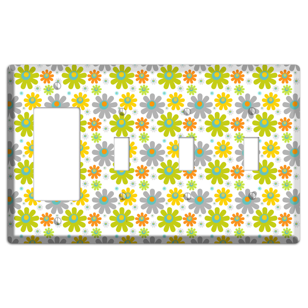 White and Yellow Flower Power Rocker / 3 Toggle Wallplate