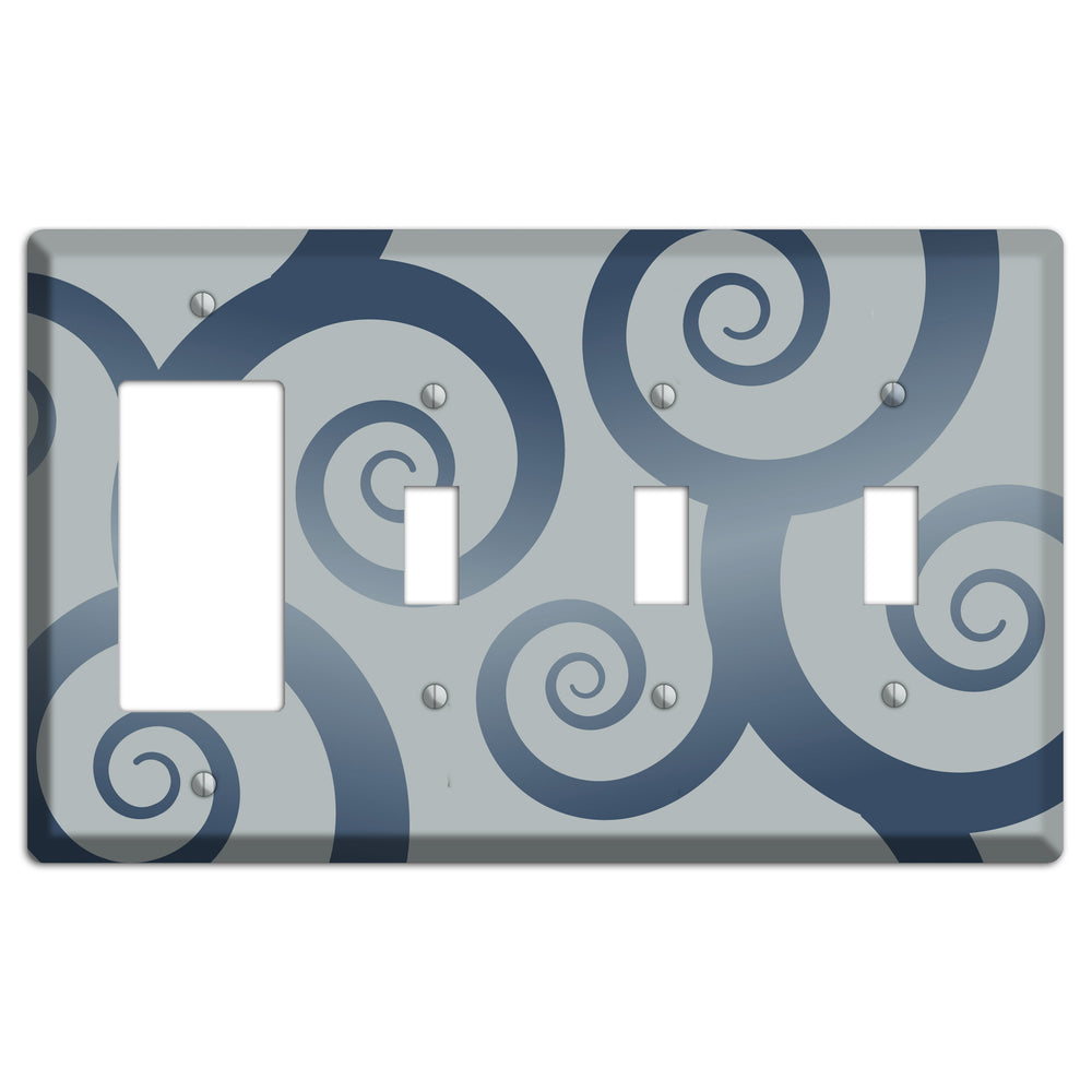 Grey with Blue Large Swirl Rocker / 3 Toggle Wallplate
