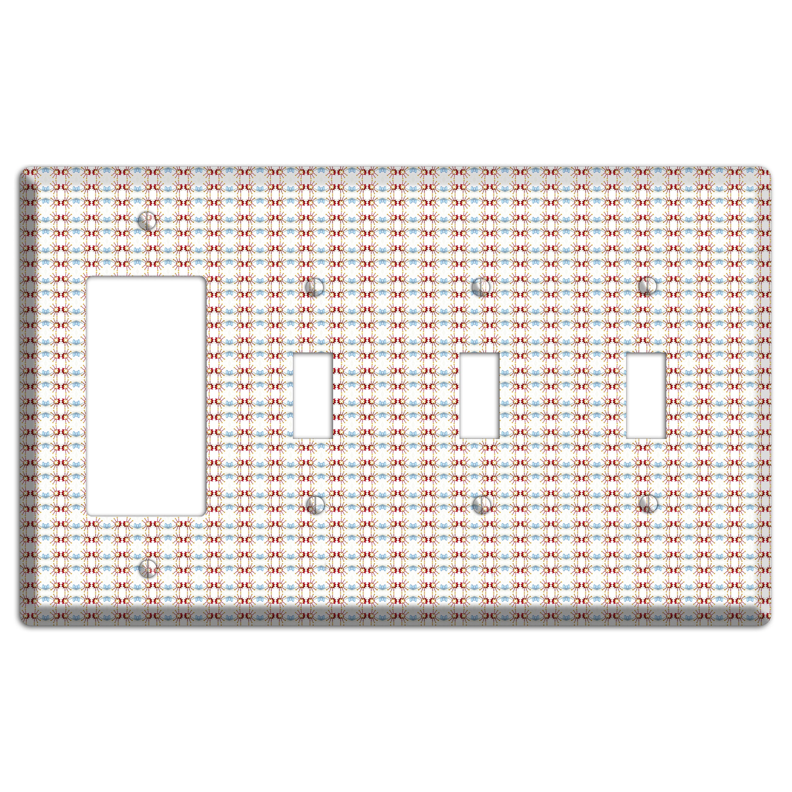 Off White with Red Blue Retro Tapestry Rocker / 3 Toggle Wallplate