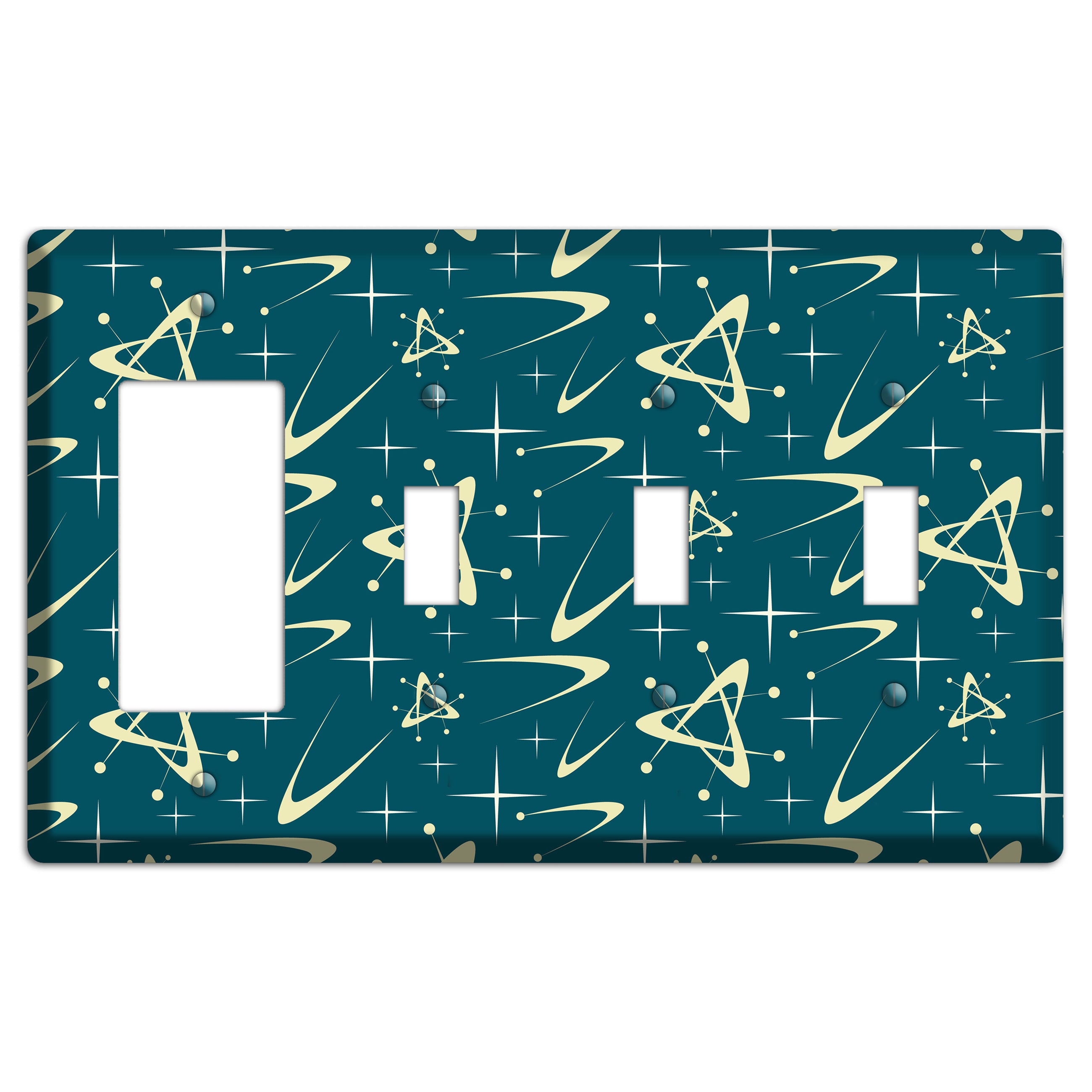 Teal and Yellow Atomic Rocker / 3 Toggle Wallplate