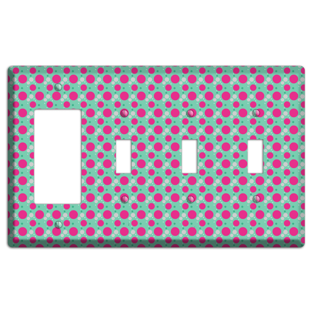 Aqua with Fuscia and Grey Small Dots Rocker / 3 Toggle Wallplate