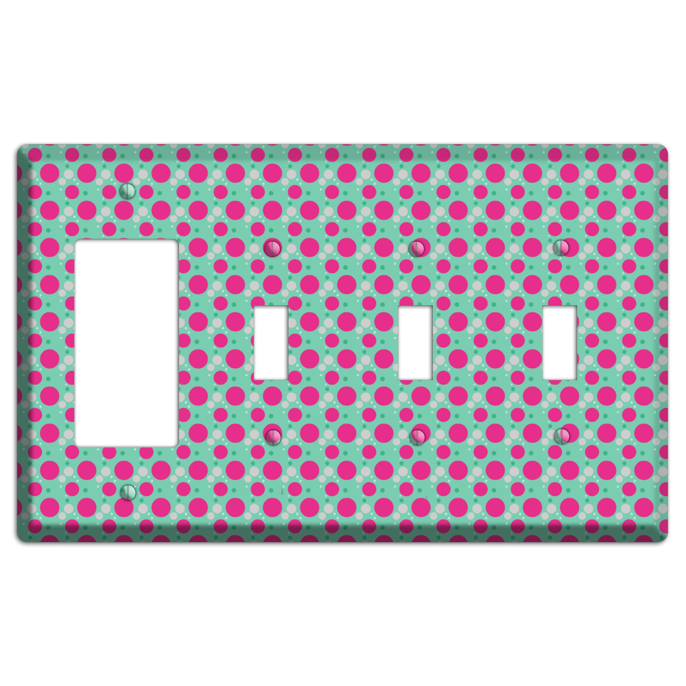 Aqua with Fuscia and Grey Small Dots Rocker / 3 Toggle Wallplate