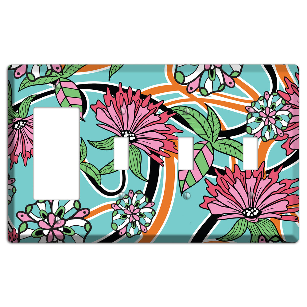 Turquoise with Pink Flowers Rocker / 3 Toggle Wallplate
