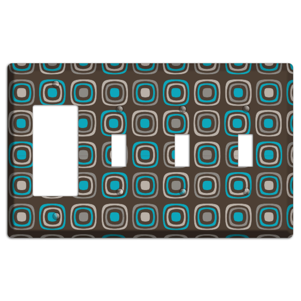 Multi Brown and Turquoise Retro Squares Rocker / 3 Toggle Wallplate