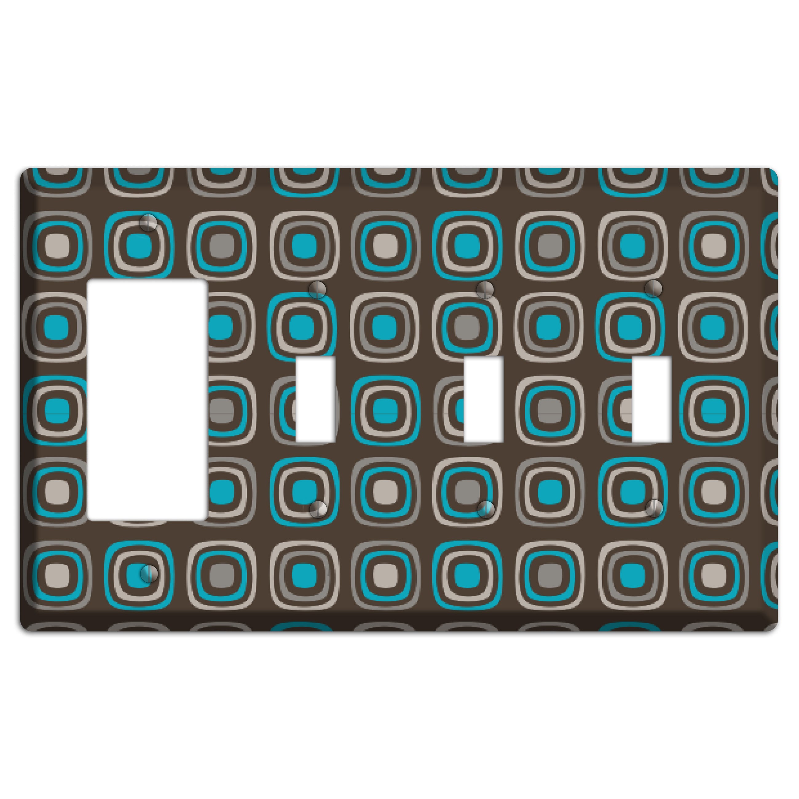 Multi Brown and Turquoise Retro Squares Rocker / 3 Toggle Wallplate