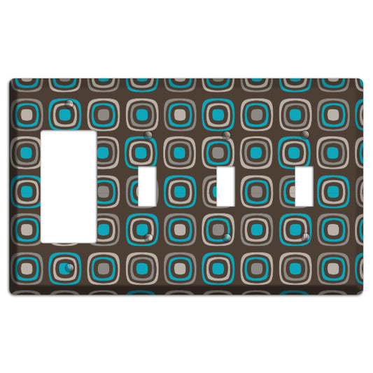 Multi Brown and Turquoise Retro Squares Rocker / 3 Toggle Wallplate