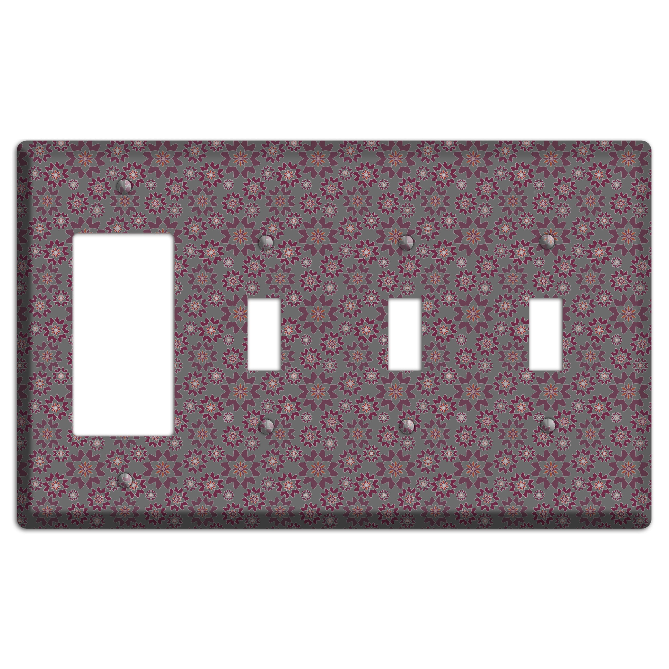 Grey with Tiny Burgundy Retro Suzani 2 Rocker / 3 Toggle Wallplate