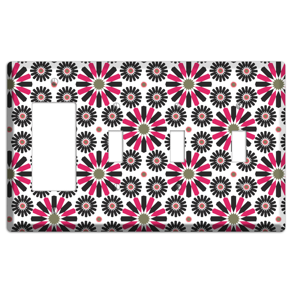 Red and Brown Scandinavian Floral Rocker / 3 Toggle Wallplate