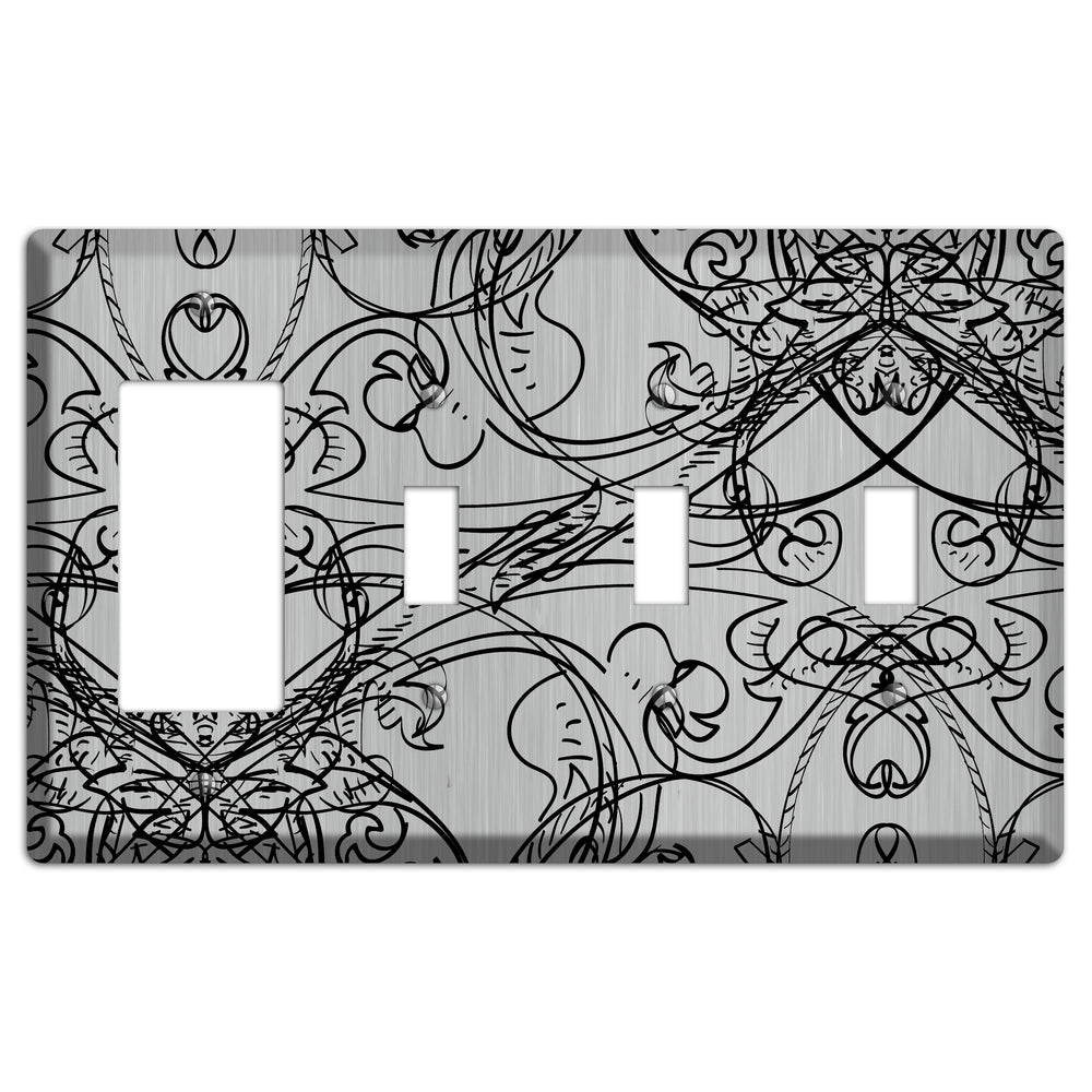 Black Deco Sketch Stainless Steel Rocker / 3 Toggle Wallplate