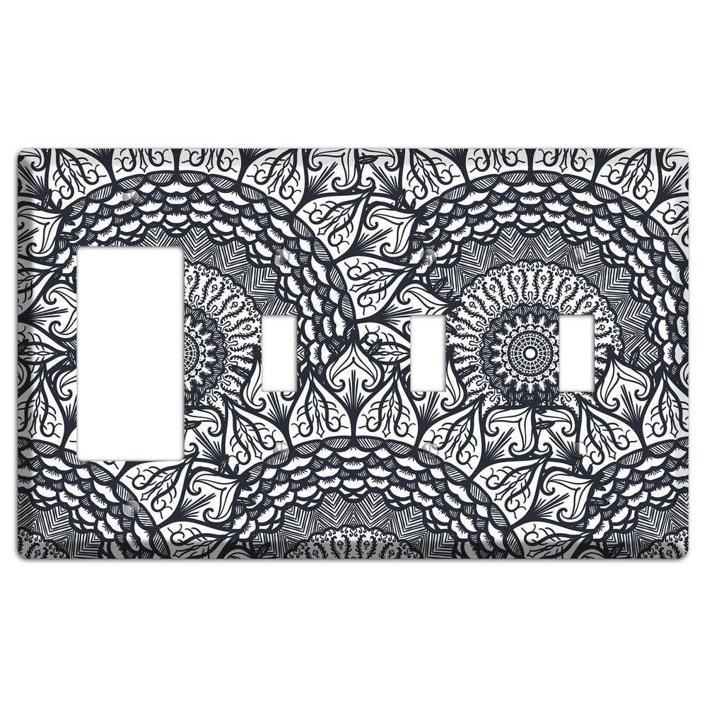 Mandala Black and White Style L Cover Plates Rocker / 3 Toggle Wallplate