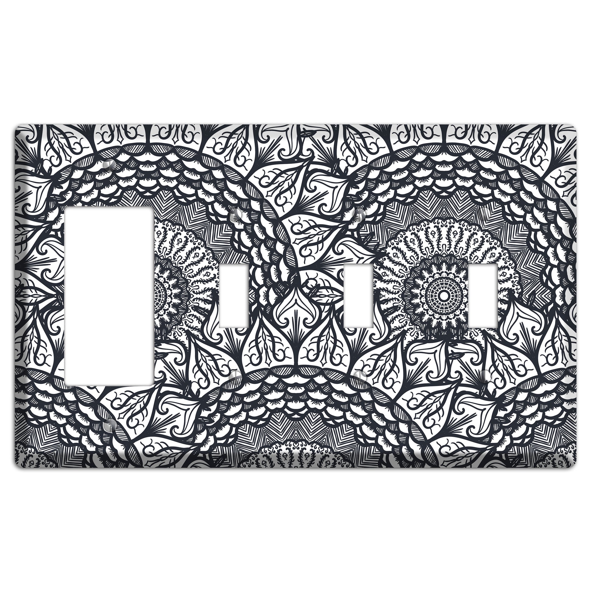 Mandala Black and White Style L Cover Plates Rocker / 3 Toggle Wallplate