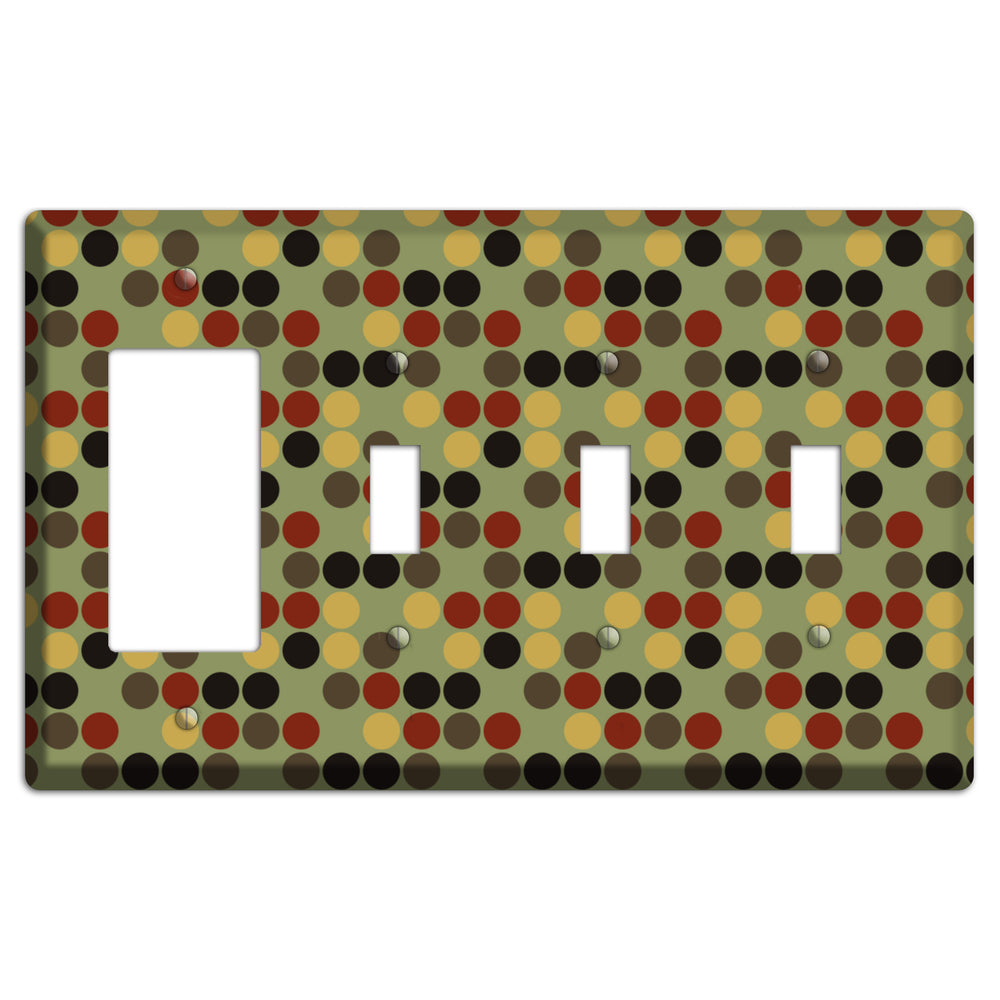 Olive with Red Brown Black Offset Dots Rocker / 3 Toggle Wallplate