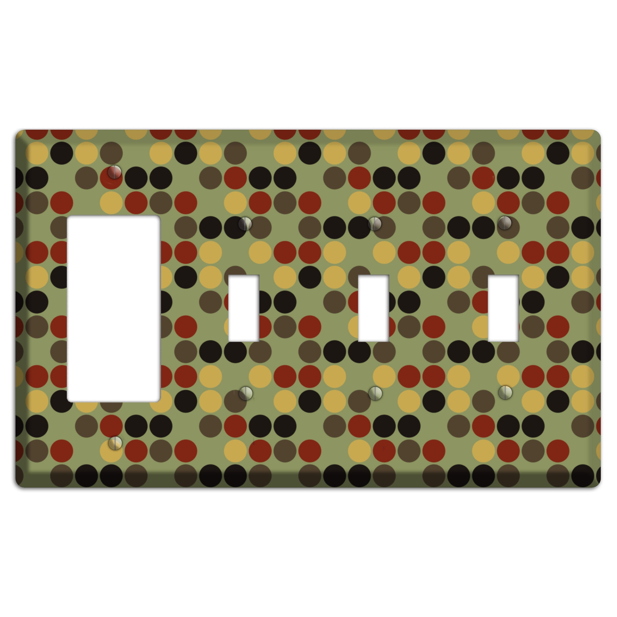 Olive with Red Brown Black Offset Dots Rocker / 3 Toggle Wallplate