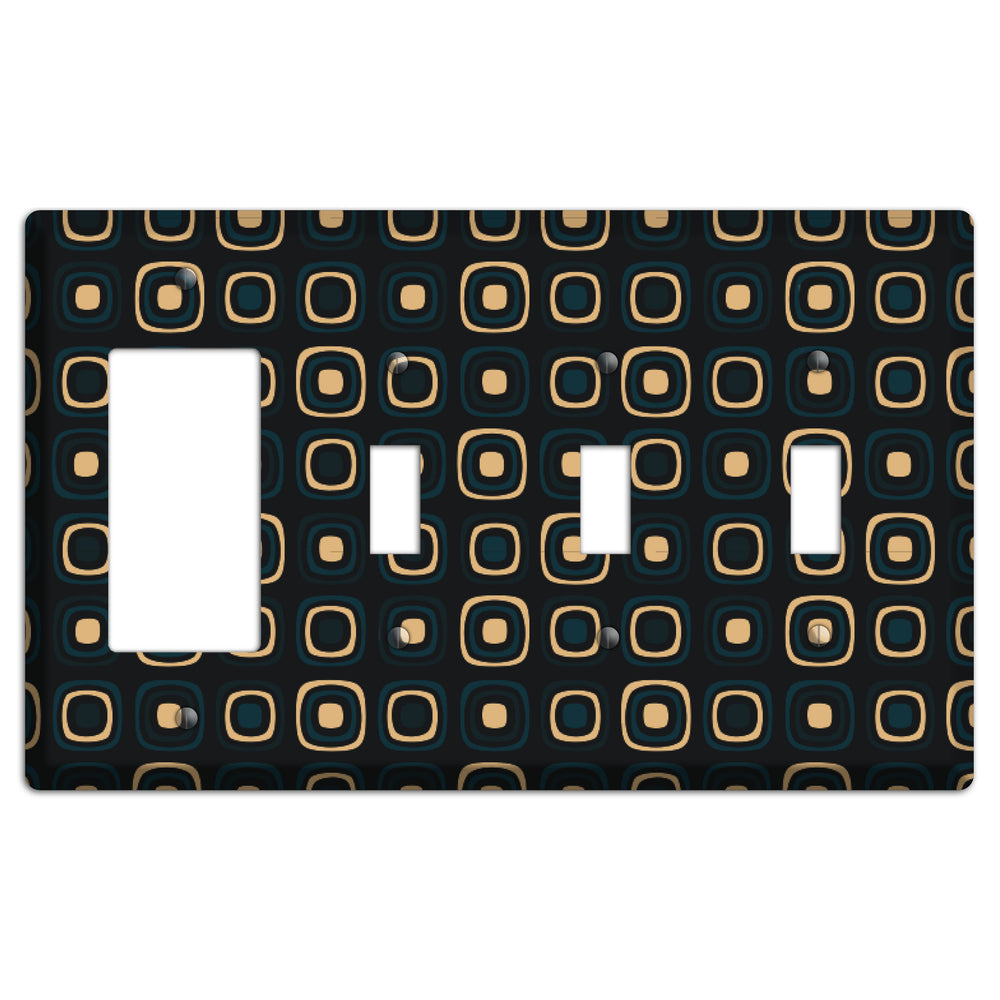 Black and Yellow Rounded Squares Rocker / 3 Toggle Wallplate